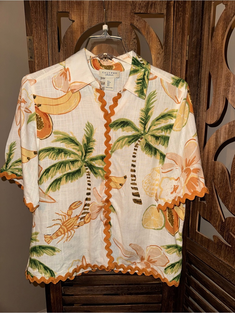 Calypso St. Barth Tropical Palm-Print Short Sleeve Shirt - Orange & Green